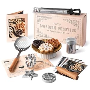 Swedish Rosettes Cooking Set Funnel Cake Maker with Traditional Waffle Iron Unique Gifts for Cooks Baking Set Bunuelos Cookie Mold Cooking Gifts Chef Gifts Food Gift Hostess Gift