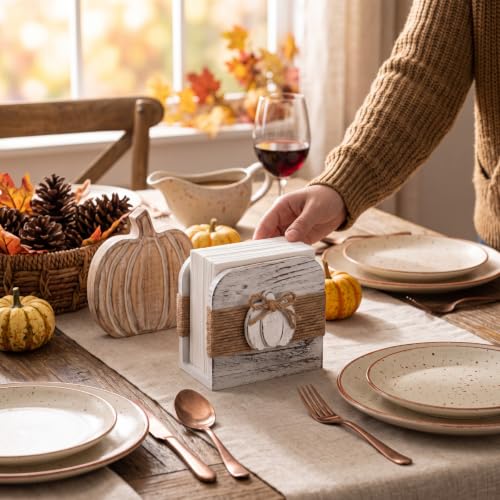 Image of Natural Wooden Napkin Holder, Pumpkin Style, White
