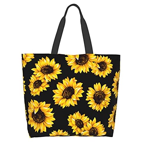 AuHomea Sunflower On Black Background Canvas Tote Bag Large Women Casual Shoulder Bag Handbag Shopping Grocery Bag, Color01, One Size Cover