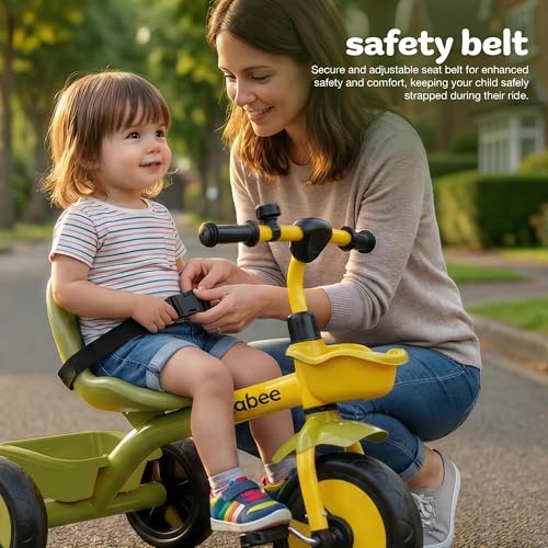 Image of Baybee Nova Baby Tricycle for Kids | Plug & Play Kids Cycle with Safety Belt & Front and Back Storage | Kid Cycle Trikes with Eva Wheels | Baby Cycles for Kid 2 to 5 Years Boys Girls (Green /Yellow)