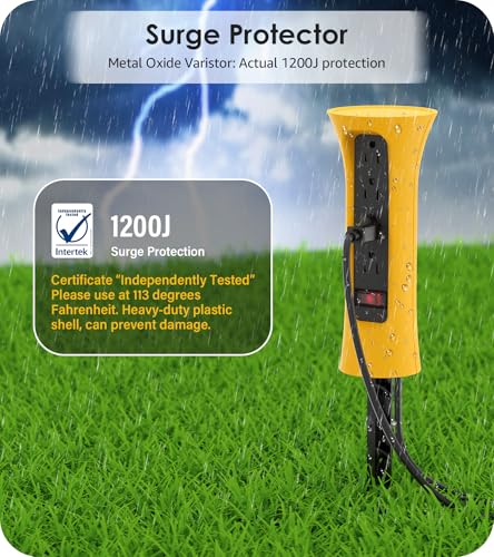 Extensión CCCEI a prueba de agua para exterior con estaca, 4 tomas, protector contra sobretensión de 1200J, cable de 1.83 m, color amarillo miniatura 4
