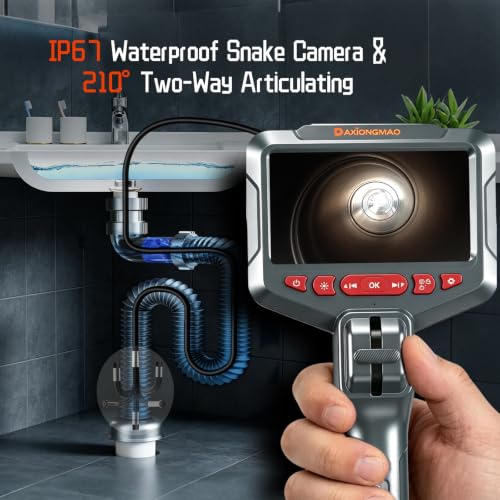 Image of Two-Way Articulating Borescope, 1080P HD Industrial Endoscope Inspection Camera with 8 LED Lights, Mechanical Tool for Automotive, HVAC, Plumbing, IP67 Waterproof & 5ft Semi-Rigid Flexible Snake Probe