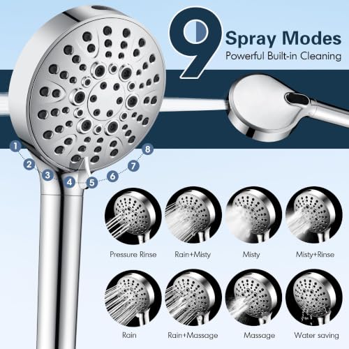 Image of BRIGHT SHOWERS Filtered Shower Head with Handheld, High Pressure 9 Spray Mode Showerhead with Long Hose and Bracket, Water Softener Filters Beads for Hard Water - Removes Chlorine, Chrome