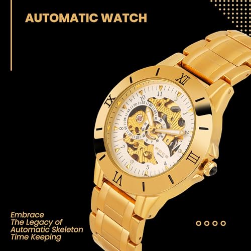 Image of Foce Men's Automatic Golden Stainless Steel Chronograph Watch, White Skeleton (See-Through) Dial, Magnetic Health Monitor, Two-Tone Golden Stainless Steel Strap, Limited Edition, Model F979GGM-WHITE