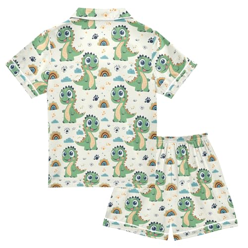Green Dinosaur Footprint Rainbow Summer Pajamas Set Soft Satin Pjs Sets 2 Piece Short Sleeve Sleepwear Casual Clothes2