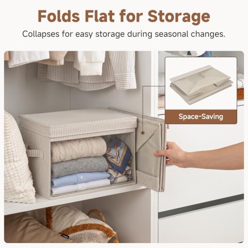 Image of StorageWorks Fabric Storage Bins with Lids, Large Closet Storage Bins | Flip-Top Lid, Clear Window, Handles, Collapsible, for Clothes Blankets Books, Closet Box, Khaki and Beige Stripes, 2-Pack