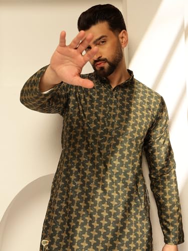 Image of SOJANYA (Since 1958 Men's Cotton Kurta Pyjama with Daman Print & Krochet Embroidery