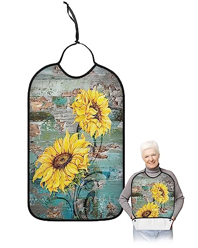 Kewadony Adult Bibs for Elderly Women - Sunflowers Waterproof Dining Clothing Protectors with Crumb Catcher for Eating/Feeding, Vintage Sunflowers on Shabby Wood Terry Cloth Bib Machine Washable