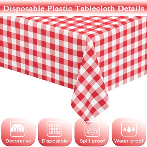 Image of WNINK 3 Pack Red Gingham Tablecloth Rectangular Red and White Checkered Tablecloths Disposable Plastic Red Plaid Table Cover for Parties, Christmas, Outdoor Picnic, Birthday, Wedding, Camping 54 x 108