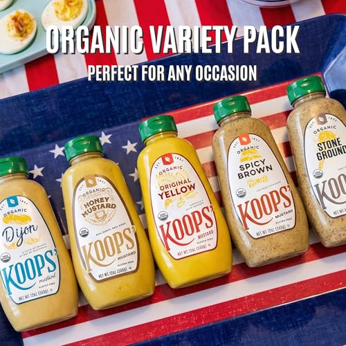 Image of Koops' Organic Mustard Variety Pack - Original Yellow, Spicy Brown, Dijon, & Stone Ground - Gluten-Free, Kosher, USDA Organic, Made in USA, From Quality Mustard Seeds - 12 Oz, Pack of 4