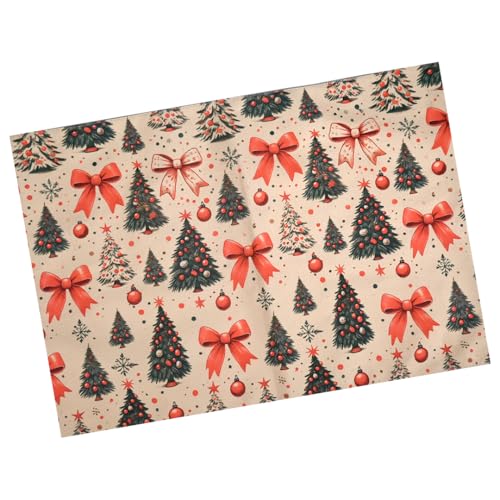 Image of Dining Table Mats Set of 6 - Christmas Tree Red Bow Theme,Digital Print, Washable, Indoor /Outdoor, Heat-Proof, Wipe & Clean (47X33 cm) Olive & Green