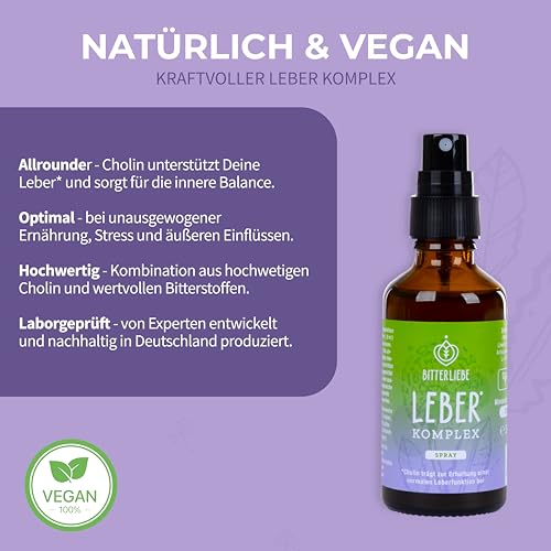 BitterLiebe® Leber* Komplex Spray - Leberkur*, natürliche Unterstützung der Leberfunktion* mithilfe von Cholin - hochdosiert mit Mariendistel Artischocke Löwenzahn und Bitterstoffen