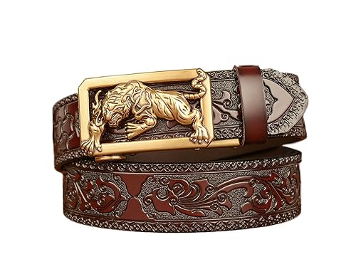 Mens Ratchet Leather Belt, Genuine Leather belts, Engraved Vintage Dragon Eagle Tiger Buckle, Business leisure belt