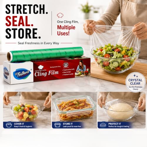 Image of Feather's Cling Film Wrap Food Biodegradable Multipurpose Food Wrapper Non-Stick Microwave Safe (Pack of 2, 100m)
