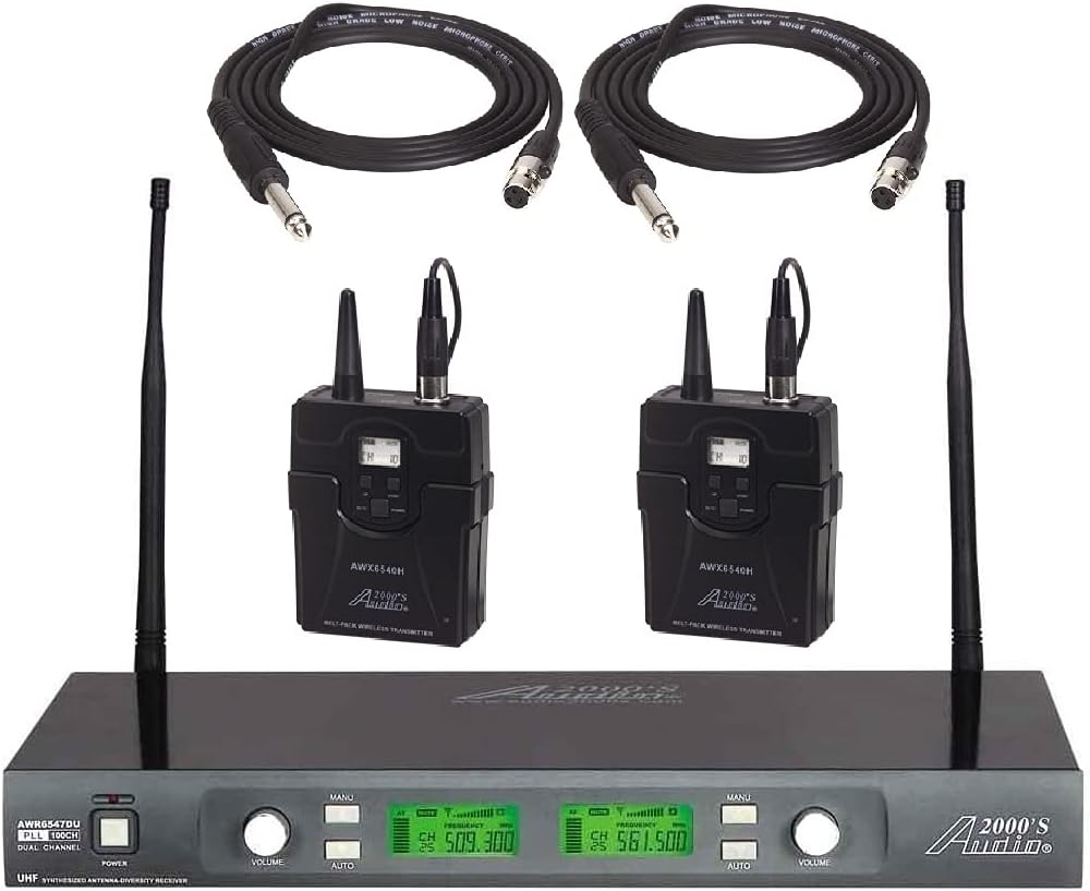 Audio 2000S Audio2000S AWM6547G Professional DualChannel UHF Diversity Guitar Wireless System with Adjustable Frequencies