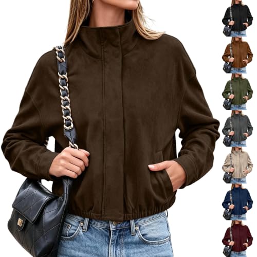 TERGHTP Women Faux Suede Bomber Jacket Stand Collar Leather Cropped Jackets - image 1