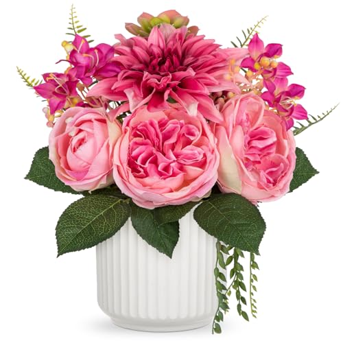 Briful Artificial Peony Flower Arrangement with White Ceramic Pot, Silk Peonies Fake Floral Centerpiece Faux Potted Flowers for Spring Ester Home Office Wedding Table Decor, Pink