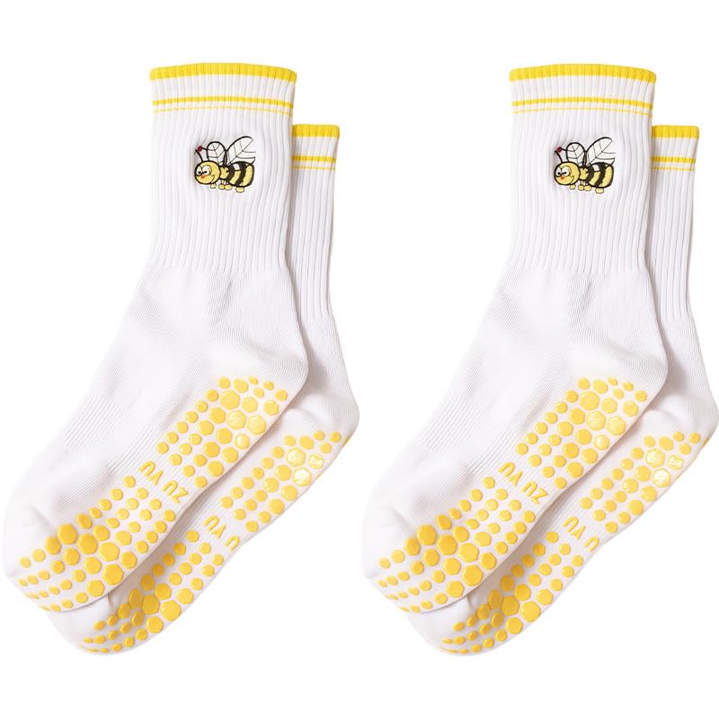 Non-Slip Yoga Socks with Bee Embroidery, White Cotton Crew Length, Yellow Grip Dots, Athletic Sports Stockings
