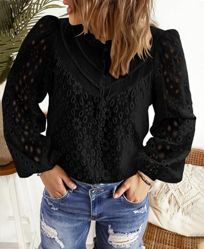 BETTE BOUTIK Women's Long Short Sleeve Tops 2025 Dressy Casual Button Hollow Out Lace Embroidered Blouses Shirts