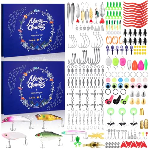 Hollowfly 2 Pack Christmas Fishing Advent Calendar 24 Day Fishing Lure Advent Calendar 256 Pcs Gear and Equipment Set 2024 Xmas Gifts for Adults Men
