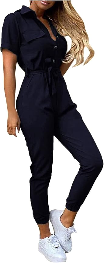 HXHYQKP Womens Short Sleeve Collared Cropped Coverall Button Down Tie Waist Cargo Jumpsuit