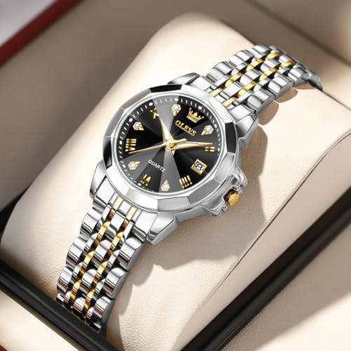 Image of OLEVS Womens Watch Fashion Diamond Analog Gifts Watches for Ladies Quartz Stainless Steel Casual Roman Waterproof Luminous Calendar Wristwatch