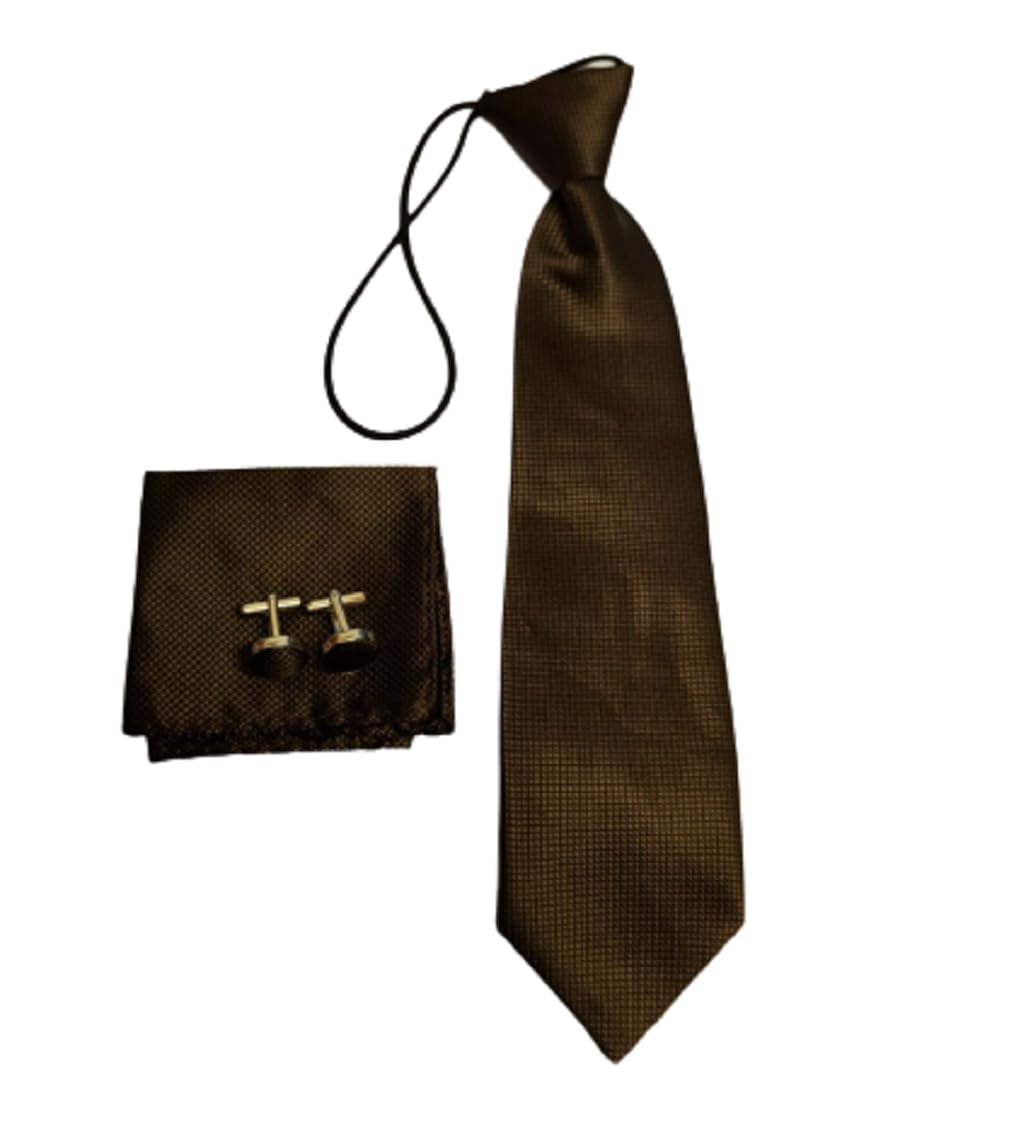 L&L® Kids Children Woven Silk Tie Set Cufflinks and Handkerchief Set Hanky Wedding (Brown)