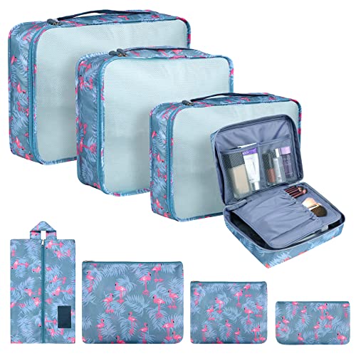 Coolzon Organizador de Equipaje,8 en 1 Set de Organizadores de Viajes Impermeable Organizador de Maleta Bolsa,Cubos de Embalaje Para Ropa, Cosméticos, Ropa Interior,Flamenco Azul