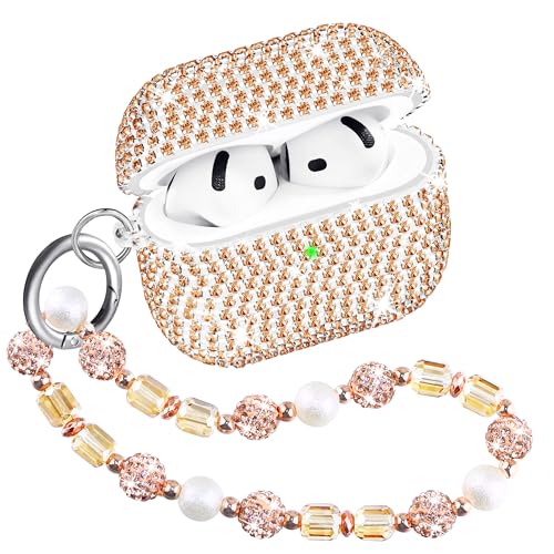 Topgraph Custodia compatibile con AirPods di 4a generazione, cover glitterata per Airpdod 4 con cinturino da polso con strass luccicanti, portachiavi oro rosa