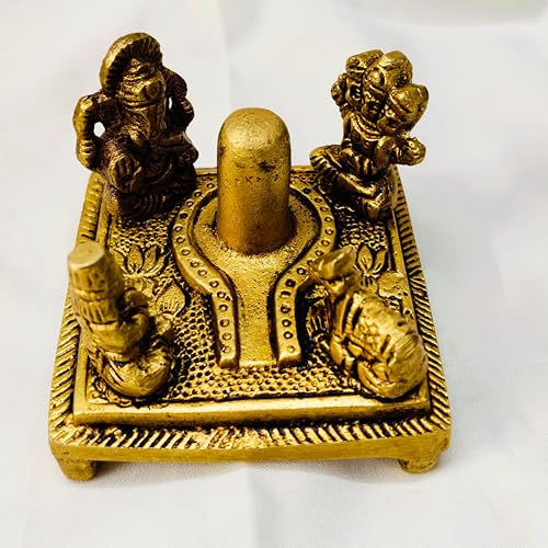 Estatua de latón Shiva Lingam con Nandi Ganesh y Parvati 3 pulg miniatura 4