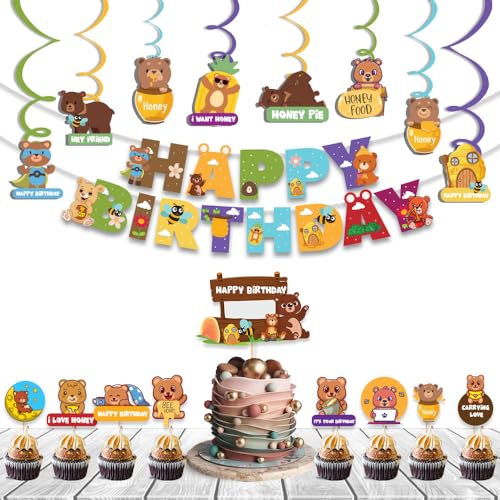 Image of Festiko Set of 26 Pcs Bear Theme Happy Birthday Combo (Banner, Swirls With Cutouts, Cake & Cupcake Toppers), Bear theme birthday decorations