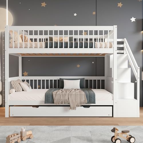 Merax Litera con cama plegable y armario de escalera, cuna con pasamanos y barrera anticaídas, madera de pino y MDF, color blanco, 90 x 200/190 cm (sin colchón)