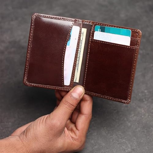 Image of Contacts Genuine Leather Slim Card Wallet for Men | RFID Blocking Minimalist Front Pocket Wallet | Compact Bifold Card Holder with Cash Slot (Brown)