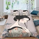 Chica Estilo Chino Funda Nórdica 3D Impresión Chica Guapa Funda De Edredón para Dormitorio con Cremallera Juego De Cama Y Funda De Almohada Microfibra 3 Piezas Double（200x200cm）