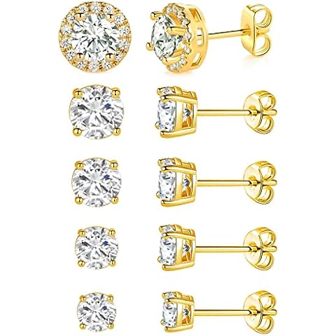 18K White Gold/Gold Plated Earrings Cubic Zirconia Stud Earrings Set Princess Square and Round CZ Simulated Diamond Halo Studs for Women Men Hypoallergenic Jewelry Pack of 5, Brass, Cubic Zirconia Cover