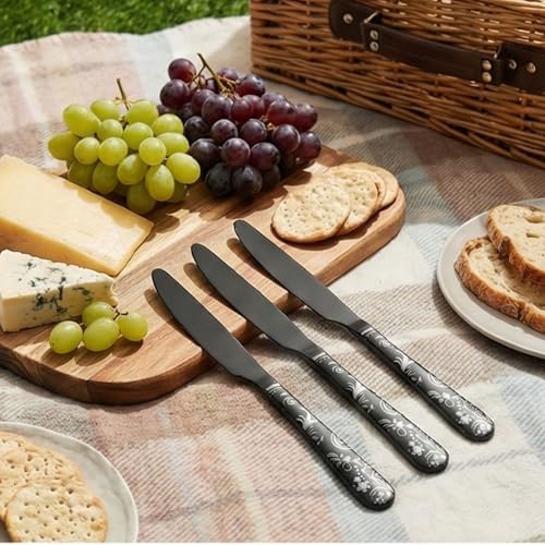 Image of 9.1 inch Charcoal Black Stainless Steel Dinner Knives with Floral Printed Handle | 5-Piece Premium Flatware Set of Steak Knives | Elegant Cutlery for Home, Restaurants, and Gifting