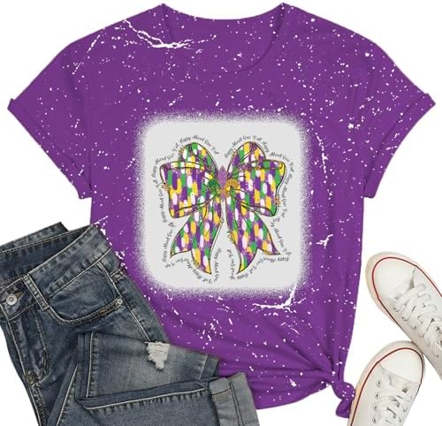 Mardi Gras Bow Shirt for Women-Fat Tuesday Fleur De Lis Tee Tops New Orleans Parade Tops Cute Carnival Tee Tops