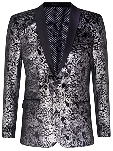 Mens Classic Silver Paisley Black Velvet Tuxedo Dinner Jacket Tailored Blazer