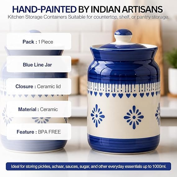 Image of Niyara Multipurpose Storage Ceramic Pickle set Jars with Lid & tray (Set of 4, 300 ml) (blue floral jar set of 2)