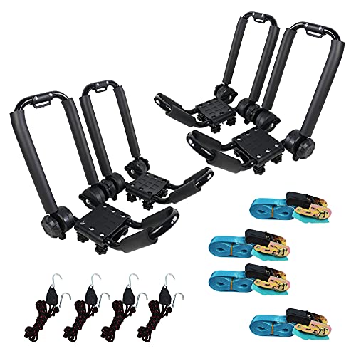 Premium Folding Kayak Rack J-Bar Car Roof Rack for Canoe Carrier SUP Paddle Surfboard Mount on Car SUV and Truck Crossbar, Includes 4 pcs 10Ft S-Hook Rated Ratchet Pulleys Straps Ratchet Strap(2 Pair