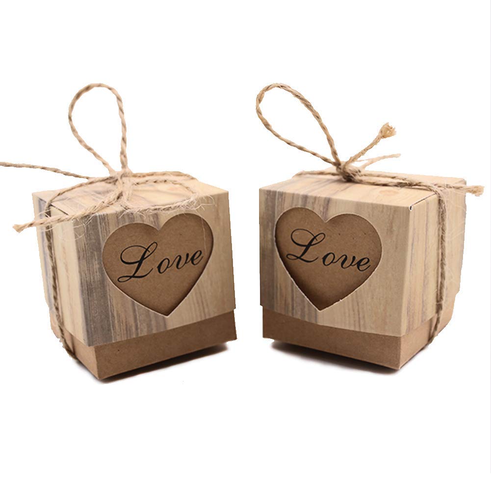 Inzopo Love Candy Box Rustic Candy Boxes, 50Pcs Wedding Favor Boxes, Love Kraft Bonbonniere Paper Gift Boxes With Burlap Jute Twine For Bridal Shower Wedding Birthday Party Rustic Wedding Christmas Decorations