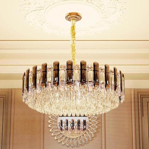 LUVODI Modern Luxury Round Crystal Chandelier: 40cm 3-Tiers Ceiling Hanging Pendant Light with 6 Bulbs - Contemporary Lighting Fixture Lamp for Kitchen Island Bedroom Transparent Grey