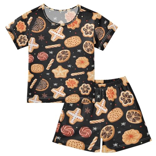 ALAZA Biscuit Gingerbread Merry Christmas Snowflake Pajamas Set Short Sleeve Cotton Sleepwear Summer Pjs 2 Piece 5-14Y