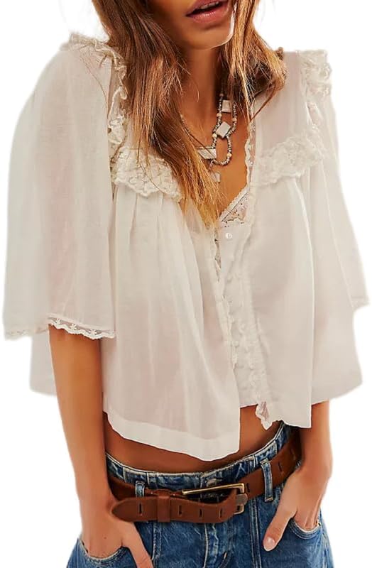 Women Y2K See Through Peplum Shirt Ruffle Lace Trim Buttons Tops Short Sleeve Doll Collar Babydoll Blouse Streetwear