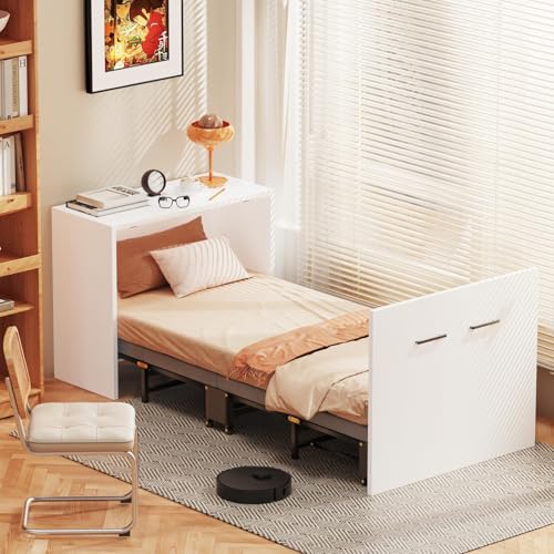 Meulbaty Narrow Twin Murphy Bed with Mattress Included, Hideaway Cabinet Bed with Tri-Fold Mattress, Pull Out Wooden Murphy Bed Chest, Foldable Beds for Home Office or Small Room, Walnut+White