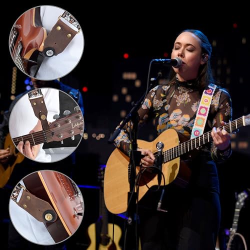 Image of Nefelibata Guitar Strap,Jacquard Embroidery Cotton Guitar Straps with Crazy Horse Leather Ends for Bass, Electric & Acoustic, Best Gifts for Kids, Guitarists(Smiling White Embroidery)