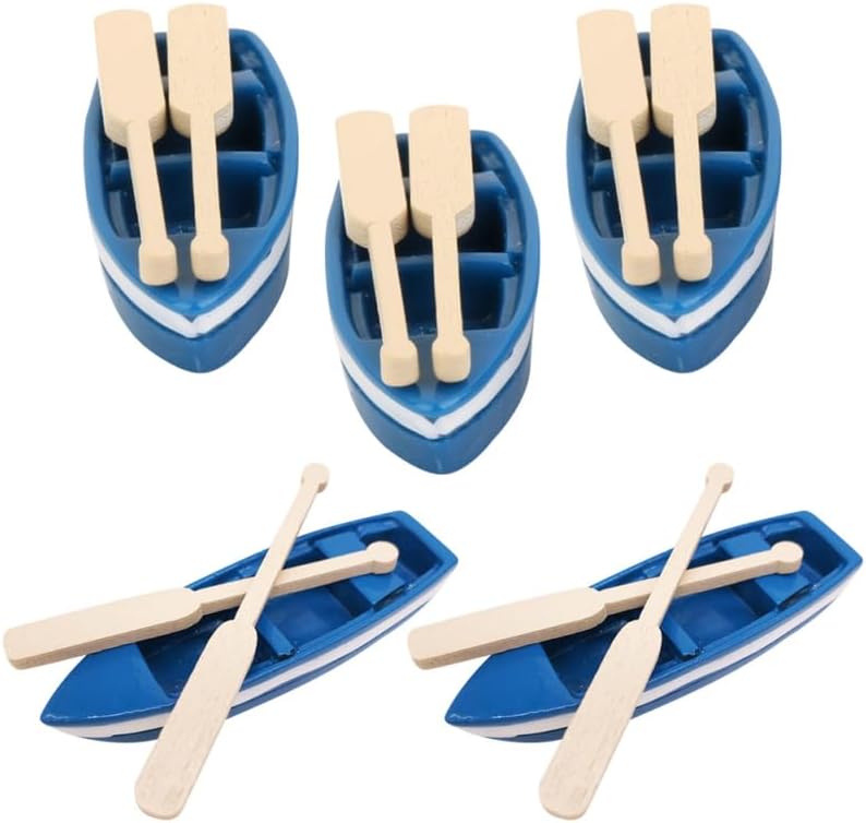 Miniatura 2 de SEWACC 15 juegos de mini botes de remos en miniatura de madera azul, pequeñas figuras de bote de remos de resina, botes de canoa, micro paisaje para