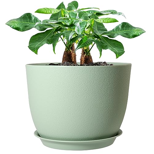 UOUZ 12inch Large Plant Pot Modern Plastic Planter with High Driange Holes and Saucer for Indoor Outdoor Garden Plants and Flowers Green