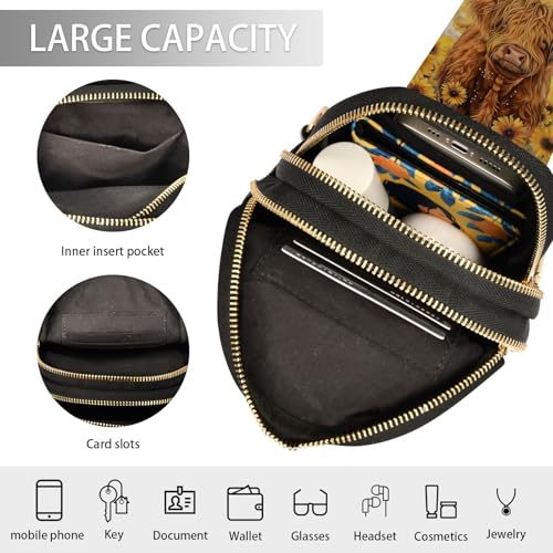 Sling Bag for Women Highland Cow Blooming Sunflower Pattern Crossbody Bag Small Chest Bag Shoulder Bag Cell Phone Purse for Casual Travel Hiking Running Sports4