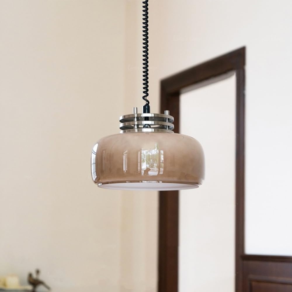KXEcoLife Durable Nordic Medieval Amber Glass Pendant Light Retractable Wabi Sabi Style Ceiling Hanging Lamp Solid Wood Restaurant Retro Kitchen Island Chandelier For Bedroom Bedside Study